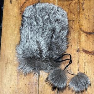 Authentic Silver Fox Hand Muff with Pom Poms